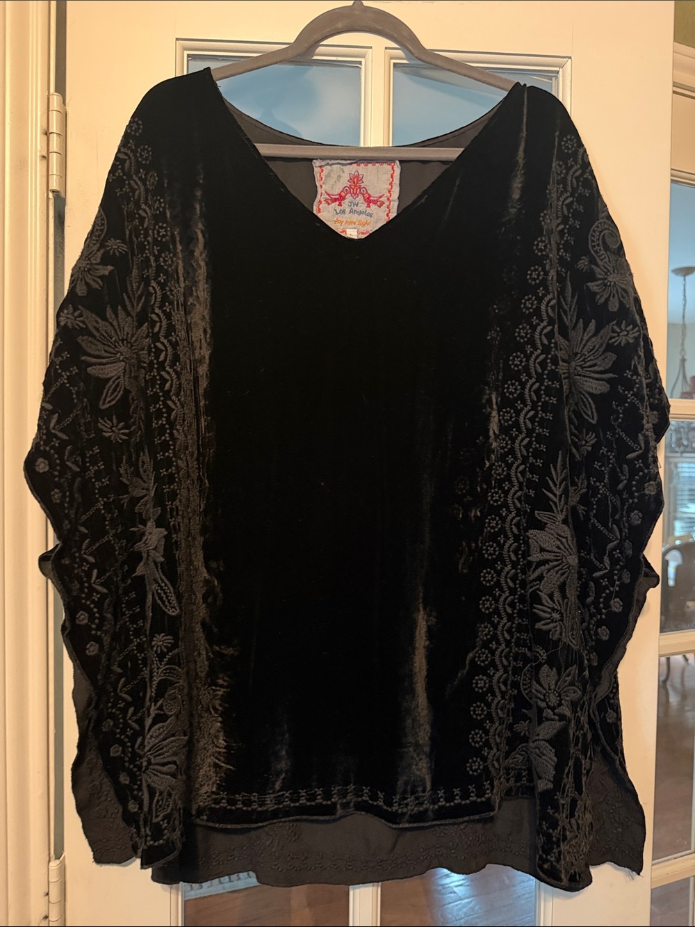 Johnny Was Black Embroidered Velvet V-Neck Tunic